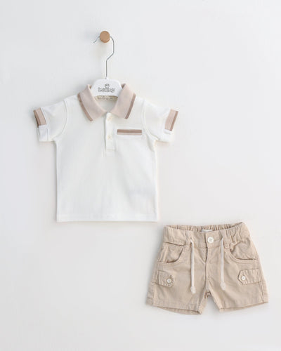 <p>Dress your baby boy in style with this Leo King branded beige knitted short set. Perfect for the spring and summer seasons, this two piece outfit features comfortable cotton shorts with an elasticated waistband and a stylish knitted top. Available in sizes 3-6 months up to 12-18 months.</p>