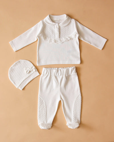 <p>Introduce your little princess to the world in style with our Leo King branded three piece set. This set includes a top, trousers, and hat in a beautiful ivory colour. The delicate broderie anglaise frill on the chest adds a touch of femininity. Available in sizes 1-3m and 3-6m with closed feet and sizes 6-9m and 9-12m without closed feet.</p>