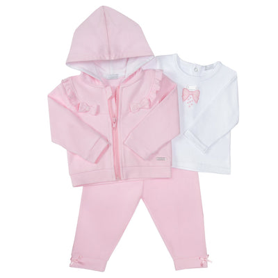 This three-piece outfit by baby boutique brand Amore is perfect for your little girl's wardrobe. It includes a white long sleeve top with bow detail to the front, a hooded pink jacket, and pink joggers, and is available in sizes 0-3 months up to 18-24 months. Get your little one fashionable and comfortable in this set.