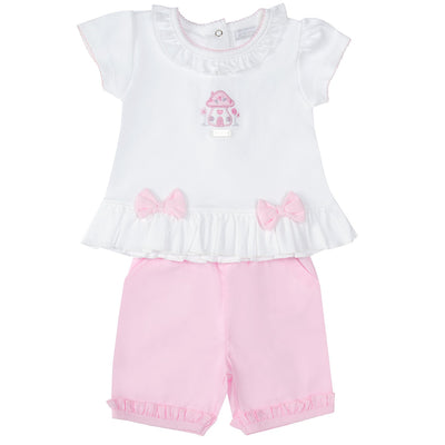 <p data-mce-fragment="1">This Amore branded girls spring summer outfit includes a white top with delicate pink bows and embroidered design on the front, paired with matching pink shorts. Frilly round neck collar with small pink piping detail. Sizes range from 0-3 months to 18-24 months.</p>