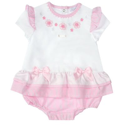<p data-mce-fragment="1">This adorable girls white &amp; pink flower romper from baby boutique brand Amore is part of their spring summer collection. The round neck, frills on the shoulder, and two small cute bows on the bottom add extra charm to this romper. Available in sizes 0-3 months up to 18-24 months.</p>