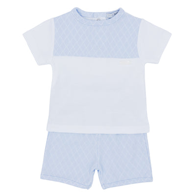 Introducing our Blues Baby branded two piece summer outfit for boys! This set includes a stylish round neck white top with blue detailing, paired with comfortable blue shorts featuring an elasticated waistband. Available in sizes 3 months to 24 months. Perfect for your little one's summer wardrobe.