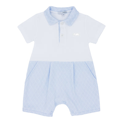 This boys blue & white short sleeve romper by Blues Baby is the perfect summer outfit for your little one. Made with a stylish collar detail and finished in a classic blue and white colourway, this romper is available in sizes 1 month up to 12 month. Elevate your baby's wardrobe with this beautifully branded and comfortable romper.
