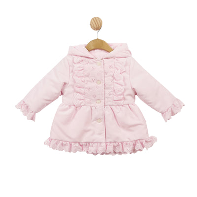 This girls' pink lightweight hooded coat by Mintini Baby is both stylish and practical. There is a beautiful frill detail on the front, back, cuffs and around the bottom which adds a cute touch while the button fastening ensures a secure fit. Available in sizes 3 months to 5 years, this coat is perfect for keeping your little one warm and fashionable.