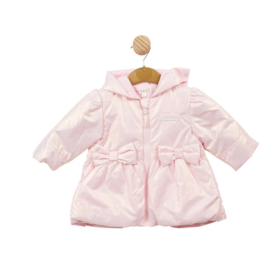 This girls' pink coat by Mintini Baby is both lightweight and stylish. The hooded design and zip fastening provide practicality while the bow details on the front and back add a touch of charm. Available in sizes 3 months up to 5 years. Also available in white.