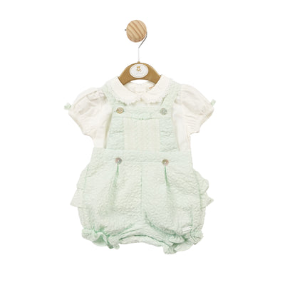 This girls mint green smocked top & bloomer dungaree set is the perfect summer outfit. The smocked design and ruffle detail on the back add a touch of elegance, while the sizes ranging from 3 months to 24 months ensure a perfect fit. Make a statement with this adorable set.