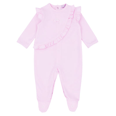 Blues Baby branded Girls Pink Daisy Applique Sleep Suit With Frill / baby grow / sleeper / all in one