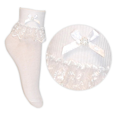 Baby, Infant & Junior Girls White Top Laced Frilly Ankle Socks With Bow detail - Kidz Emporium 
