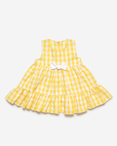 Girls Yellow And White Check Print Dress With Bow by Spanish Childrenswear Brand Juliana