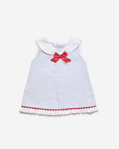 Juliana Girls Blue & White Striped Cotton Dress With Red Bow - Spanish Girls Boutique Fashion 