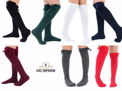 Girls Ladies Women's Knee High Socks With Bow available in Black, Navy, Grey, White, Red, Royal Blue, Bottle Green & Maroon, Sizes available 6-8, 9-12, 12-3, 4-6, one pair in pack for £3