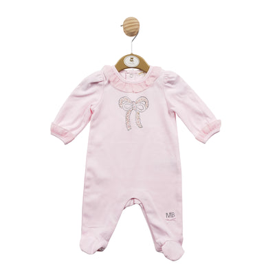 Mintini Baby branded Girls Pink All In One Sleepsuit With Diamanté Bow