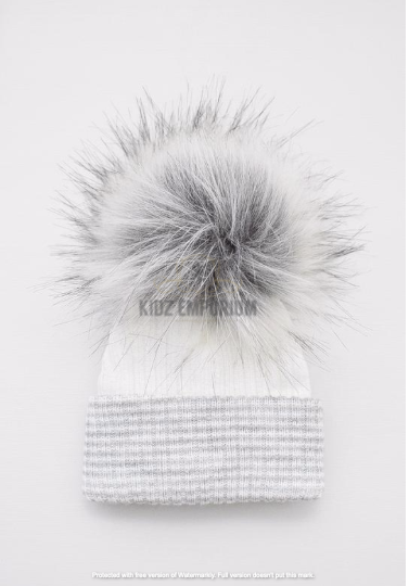 Baby Boy/Girl/Unisex White & Grey Single Soft Fur/Pom Winter Newborn Hat-0-3 months - Kidz Emporium 