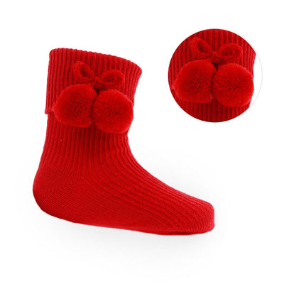 Soft Touch - Red Ankle Pom Pom Socks - S119-R - Kidz Emporium 