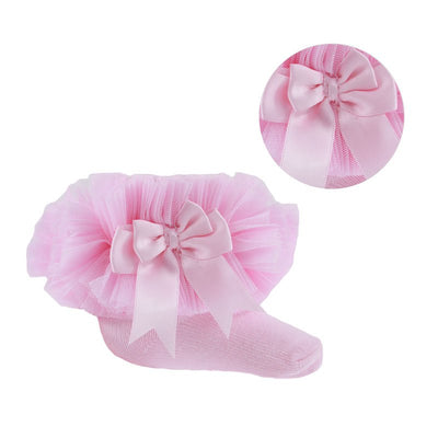 Soft Touch - Pink Plain Ankle Tutu Frilly Socks with Organza Lace & Bow - GS114-P - Kidz Emporium 