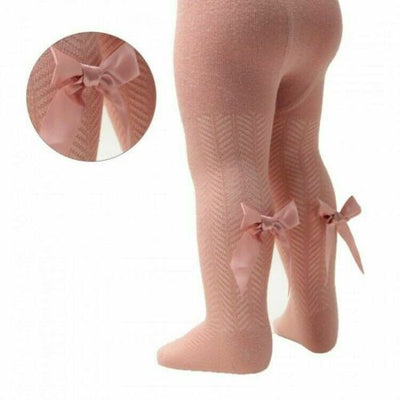 Soft Touch - Girls Dusty Pink Chevron Tights with Long Bow - T120-RO - Kidz Emporium 