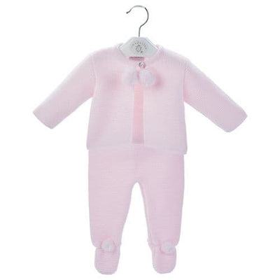 This two piece set by Dandelion, a baby boutique clothing brand, features a knitted pink jacket and trousers with cute pom pom details. It is made of Acrylic for simple maintenance and is available in five different colours: Blue, Pink, White, Grey, and Beige. These sets come in sizes Newborn, 0-3 months, 3-6 months, and 6-12 months, and are perfect for any occasion.