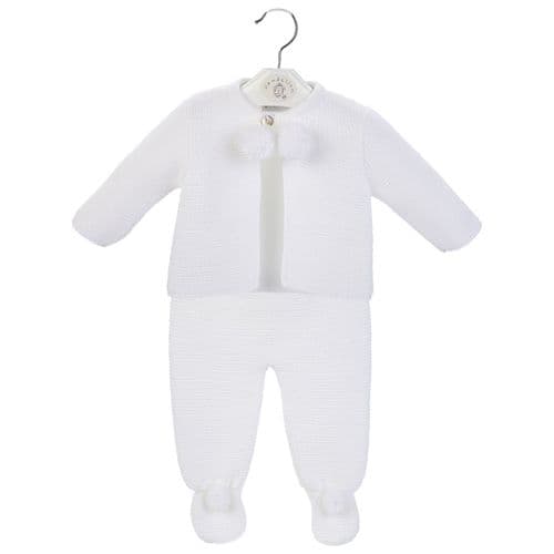 Unisex Baby White Pom Pom Knitted Two Piece Set1