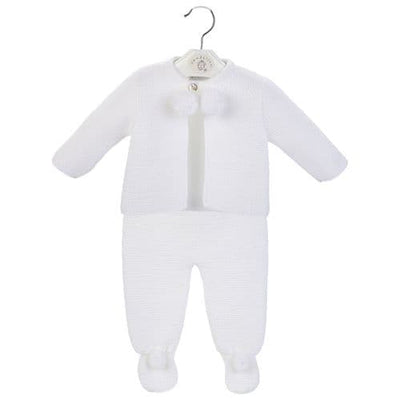 Unisex baby white knitted set with pom pom detail by baby clothing brand Dandelion, ideal for both baby boys and girls. This set includes a knitted jacket with front fastening and matching trousers with pompom accents. A comfortable ensemble for any event, designed in the UK and made in Portugal. Crafted from Acrylic for easy maintenance. Comes in five colour options: Blue, Pink, White, Grey, and Beige. Available in sizes Newborn, 0-3 months, 3-6 months, and 6-12 months.