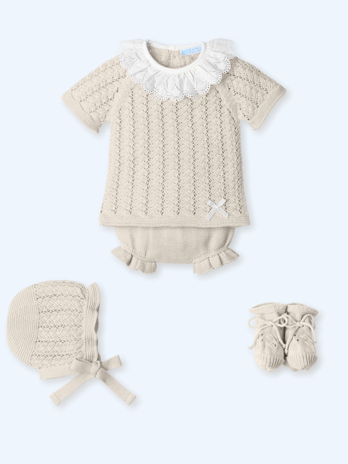 Newborn girls natural cream knitted jumper and ruffled culotte set with booties