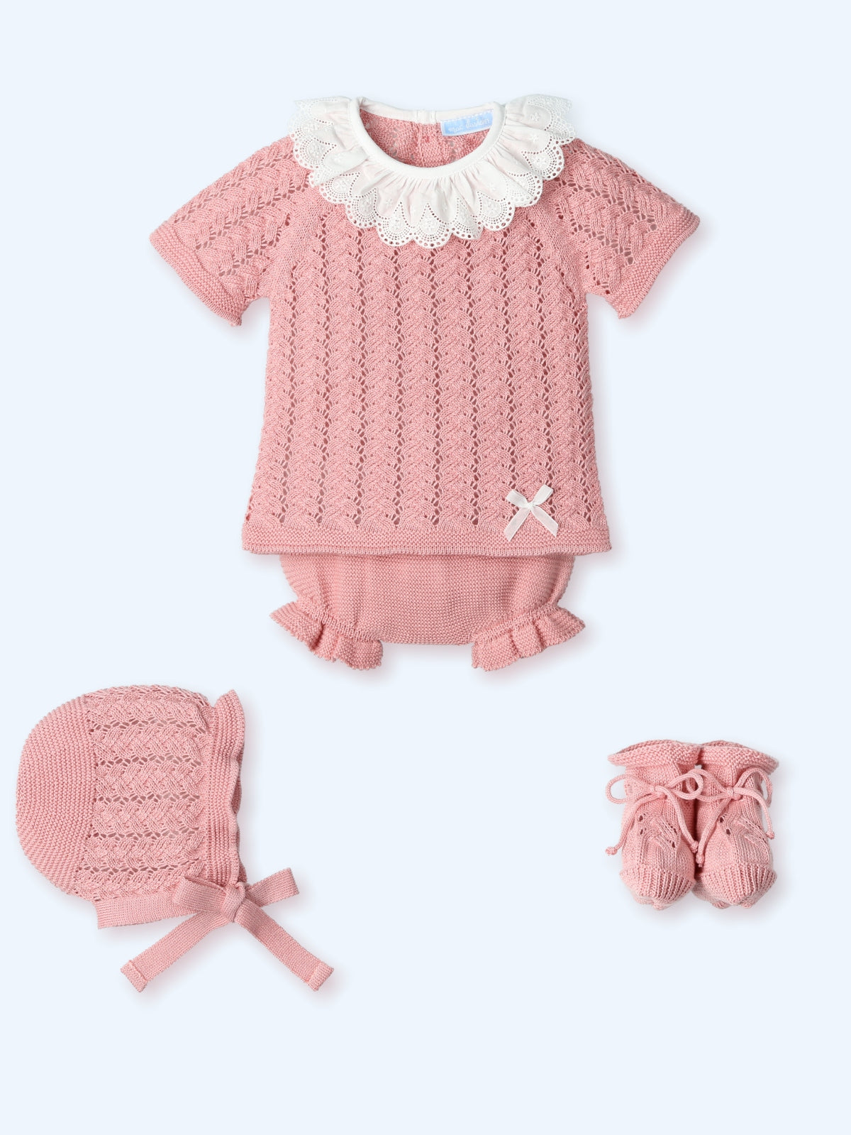 Mac Ilusion branded Baby girls blossom pink four-piece knitted summer outfit with lace collar