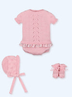 Spanish boutique baby girl strawberry pink knitted gift set by Mac Ilusion for summer occasions
