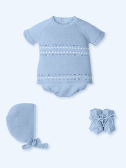 Spanish boutique baby boy blue knitted gift set with matching bonnet