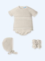 Newborn boys natural cream knitted sweater and cotton bloomer set with booties