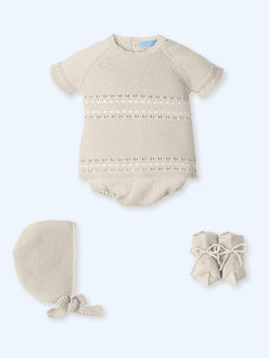 Newborn boys natural cream knitted sweater and cotton bloomer set with booties
