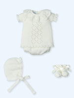 Baby girls Mac Ilusion ecru cream four-piece knitted summer outfit with embroidered tulle collar