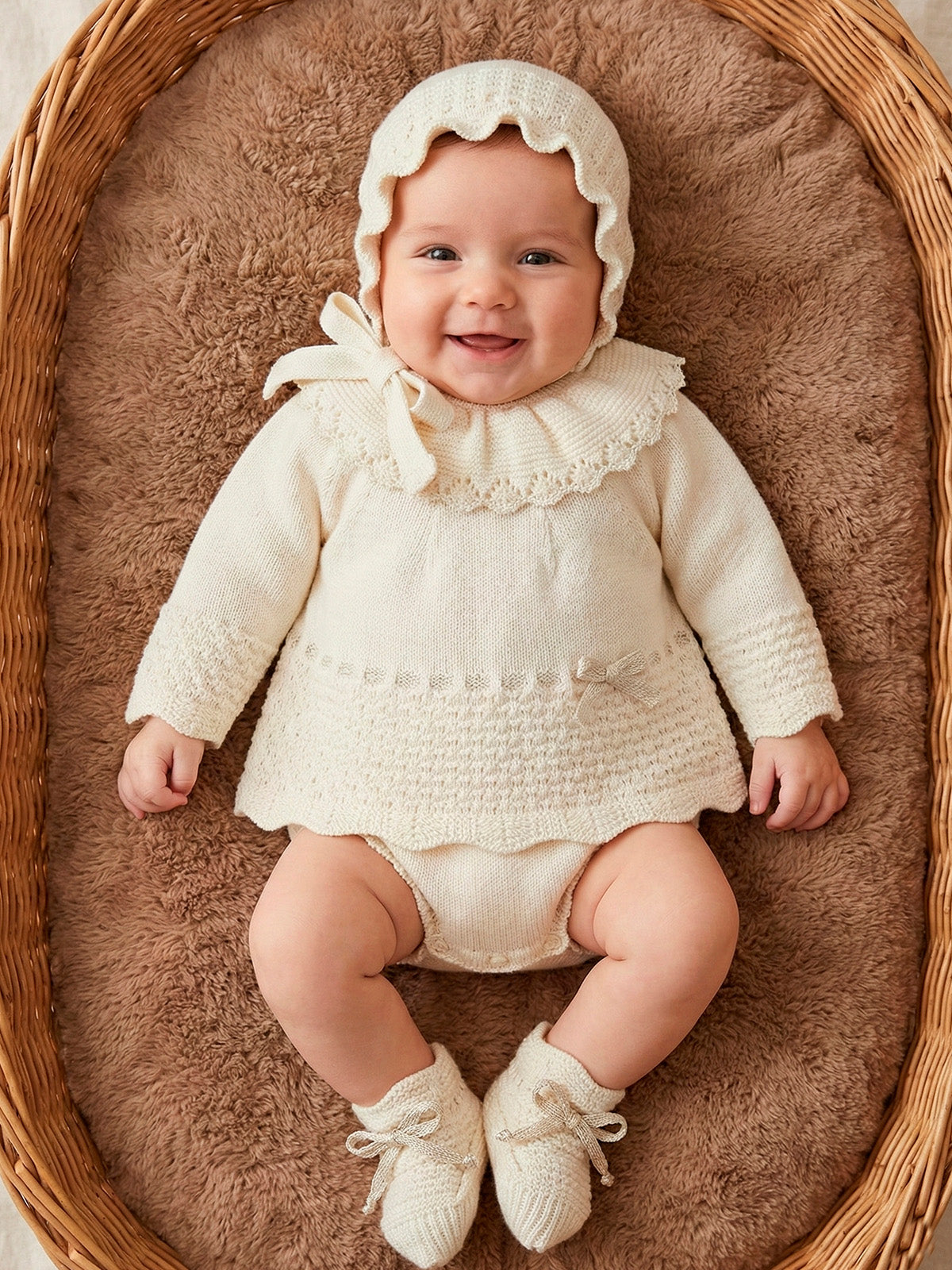 mac ilusion baby girl natural knitted frill collar top jam pants bonnet booties 4 piece set lifestyle view in wicker basket