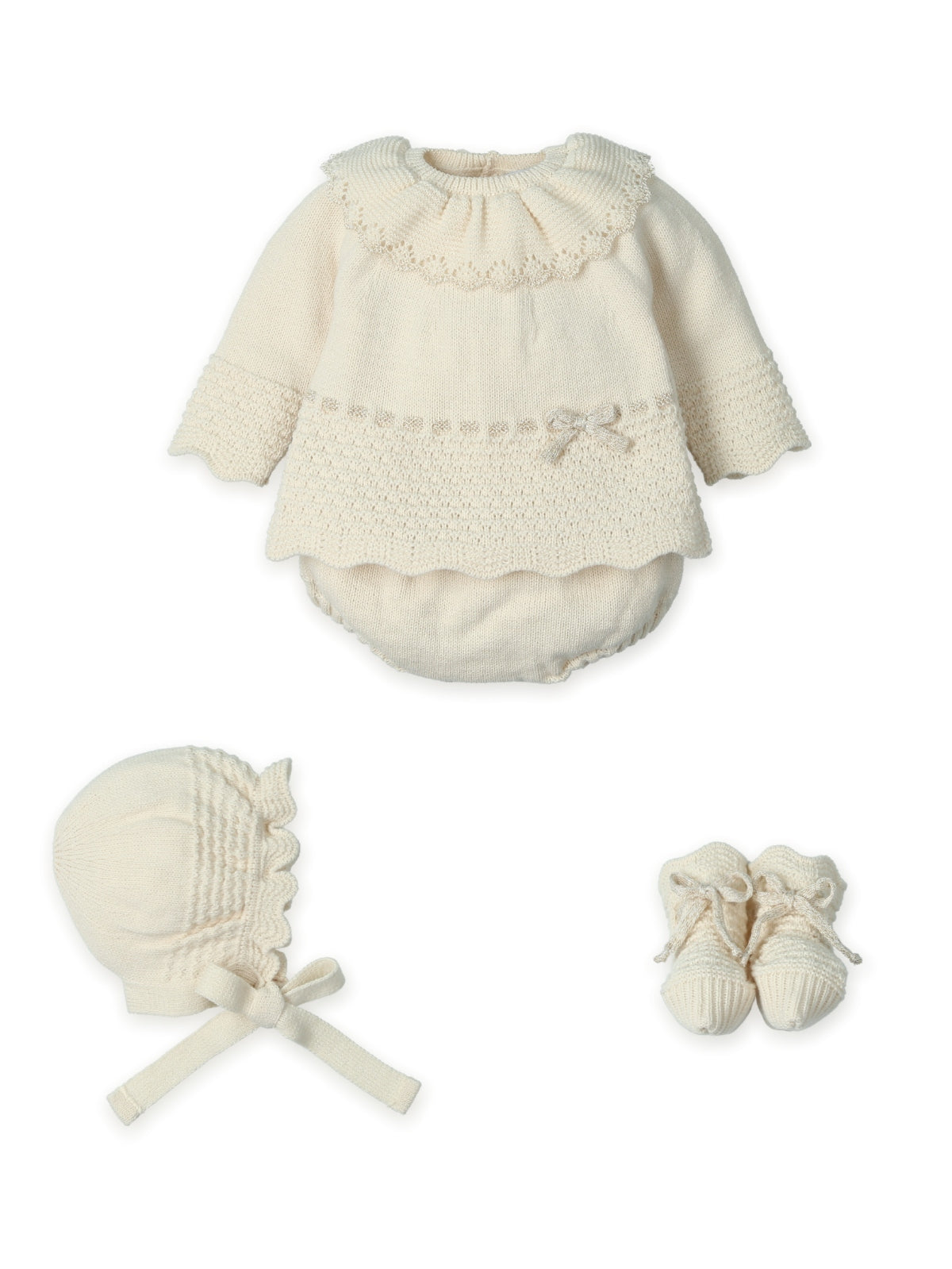 mac ilusion baby girl four piece natural cream knitted top jam pants scalloped bonnet booties set flat lay