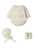 mac ilusion baby girl four piece natural cream knitted top jam pants scalloped bonnet booties set flat lay