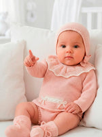 mac ilusion baby girl nude pink knitted frill collar top jam pants bonnet booties 4 piece set lifestyle view on cushions