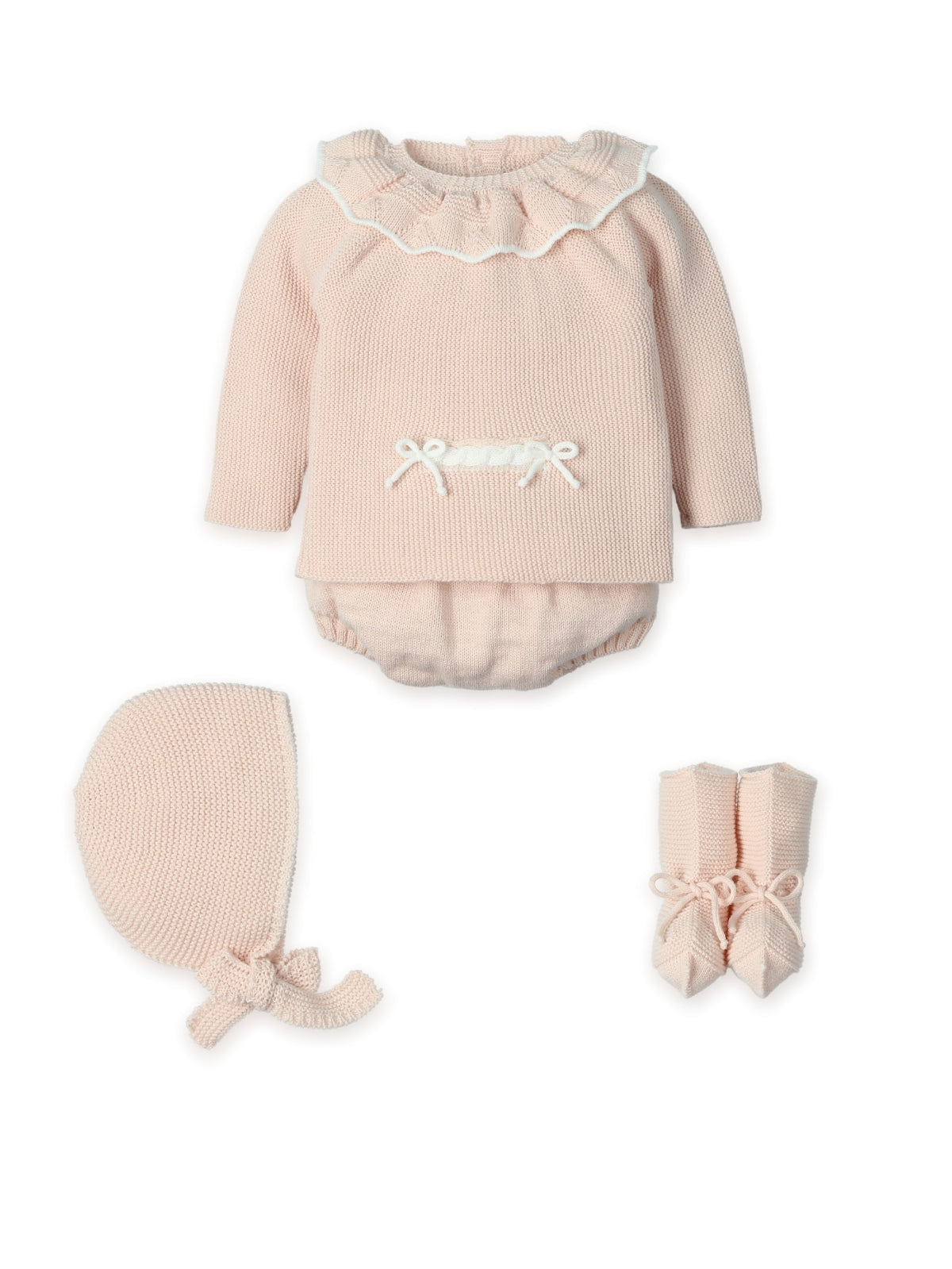 mac ilusion baby girl four piece nude pink knitted top jam pants bonnet booties set flat lay