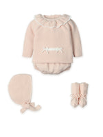 mac ilusion baby girl four piece nude pink knitted top jam pants bonnet booties set flat lay