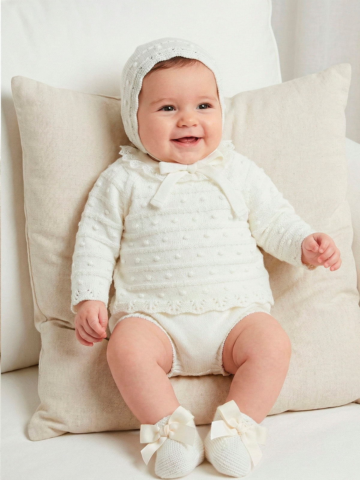 mac ilusion baby girl ecru knitted bobble top jam pants bonnet booties 4 piece set lifestyle view on cushion