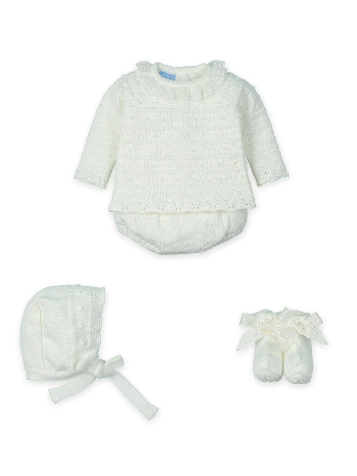 mac ilusion baby girl four piece ecru knitted jumper jam pants bobble bonnet booties set flat lay