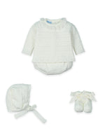 mac ilusion baby girl four piece ecru knitted jumper jam pants bobble bonnet booties set flat lay