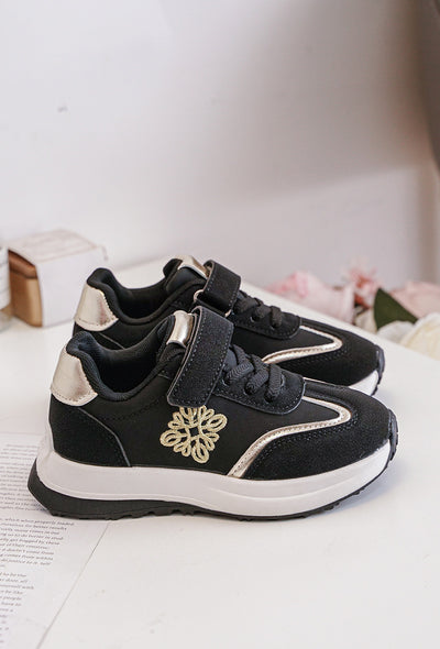 Introducing our new arrival - girls black &amp; gold runner trainers! Designed for style and comfort, these classic runner trainers in black and gold are perfect for the spring summer collection. Featuring a lace up design with velcro fastening, available in infant sizes 7 up to 11. Upgrade your little one's shoe game now!