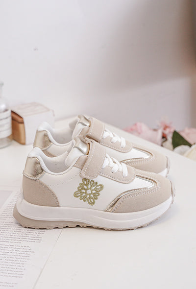 These girls beige &amp; gold runner trainers from our new spring summer collection cater to infant size 7 up to 11. Designed with lace up and velcro fastening, these trainers provide a secure fit for active girls. Beige and gold details add a touch of glamour to any outfit.