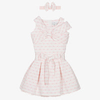Front view of the Beau Kid girls pink 2-piece set featuring a short-sleeved jersey top with a large central heart appliqué and a matching multi-layered tulle ruffle skirt.