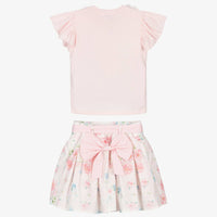 Detailed back view of the Beau Kid pink floral cotton dress, showcasing the elegant white sash tie and the concealed zip fastening for a smart summer finish