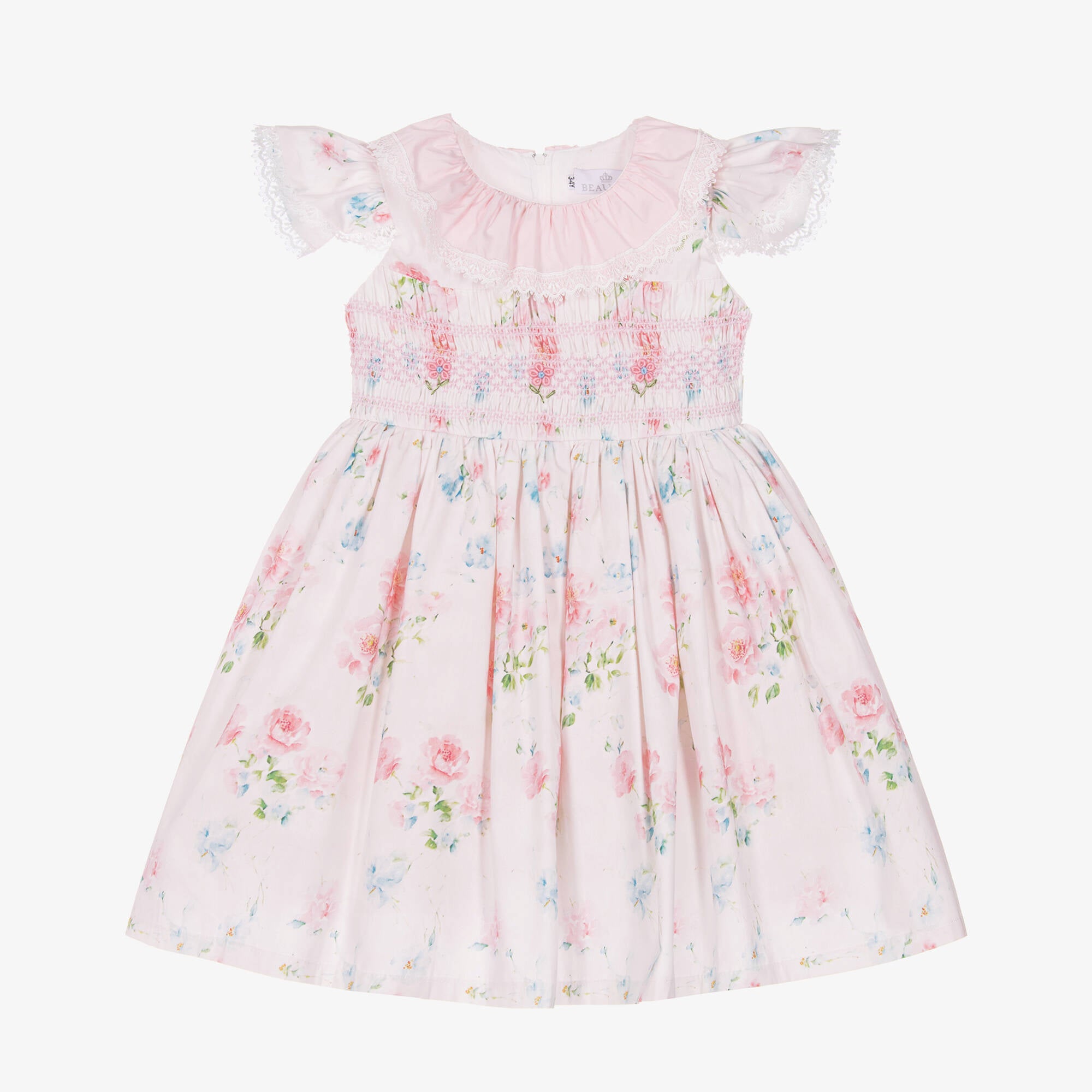 Front view of the Beau Kid girls ivory cotton poplin dress highlighting the smocked bodice, lace-trimmed ruffles, and pink botanical rose print.