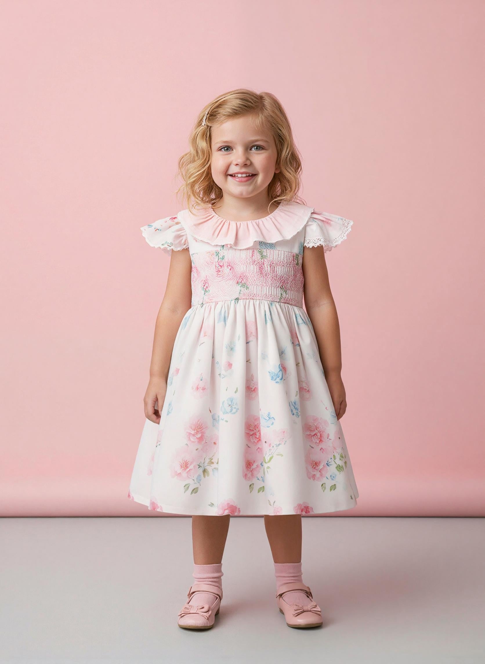 Detailed front view of the Beau Kid girls smocked dress, highlighting the intricate hand-smocked bodice, delicate lace-trimmed ruffles on the shoulders, and the traditional Peter Pan collar.