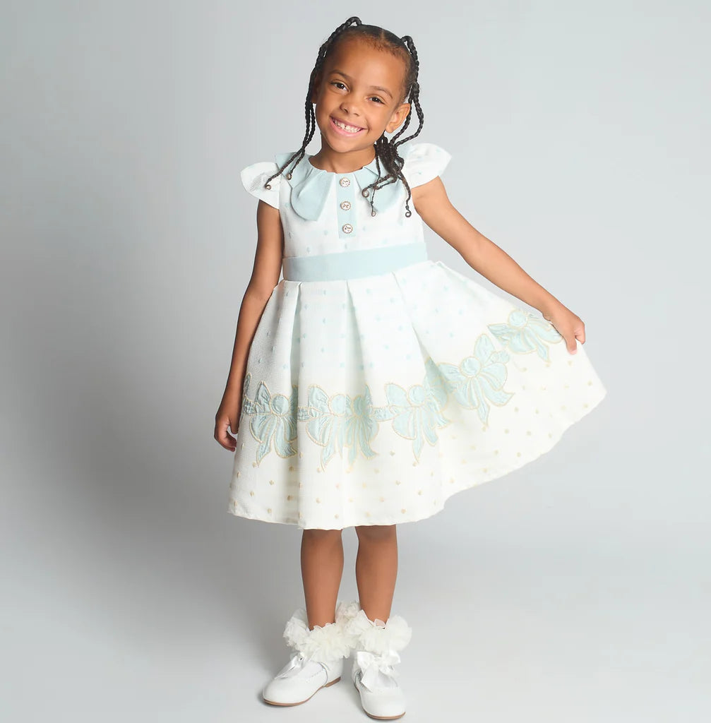 Front view of the Beau Kid girls sage green floral woven brocade dress highlighting the intricate jacquard fabric and voluminous layered skirt.