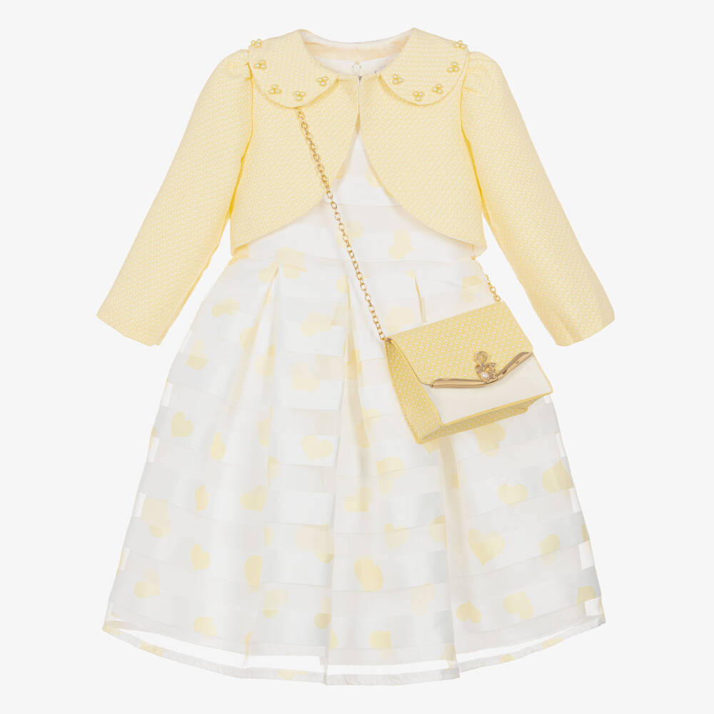 Front view of the Beau Kid girls lemon yellow 3-piece outfit featuring a textured jacquard dress with a matching ruffled bolero jacket and a bow-detailed handbag.
