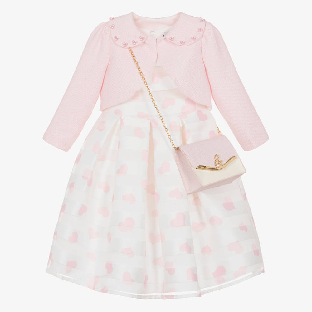 Front view of the Beau Kid girls pink 3-piece ceremony set, showcasing the textured jacquard dress, matching ruffled bolero jacket, and coordinated bow handbag.