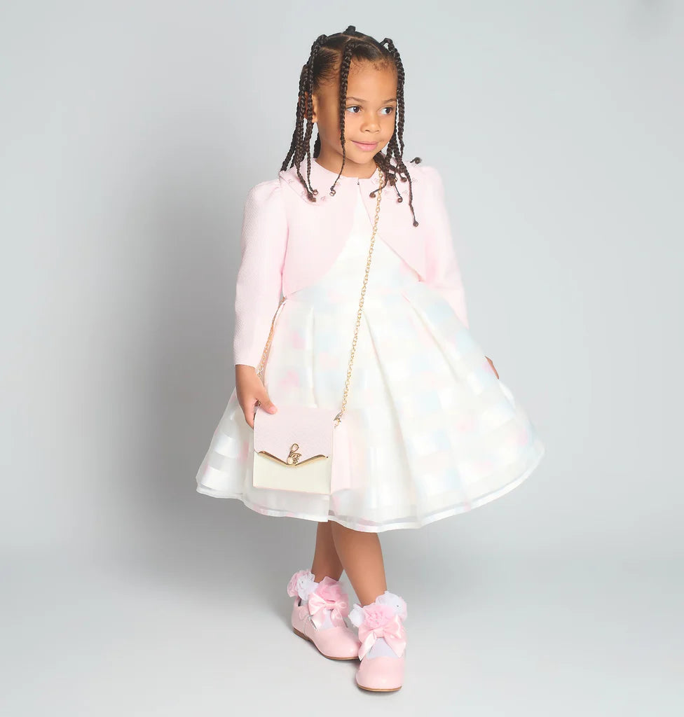 Front view of the Beau Kid girls pink 3-piece set showcasing the textured jacquard dress, matching bolero jacket, and coordinated bow handbag.