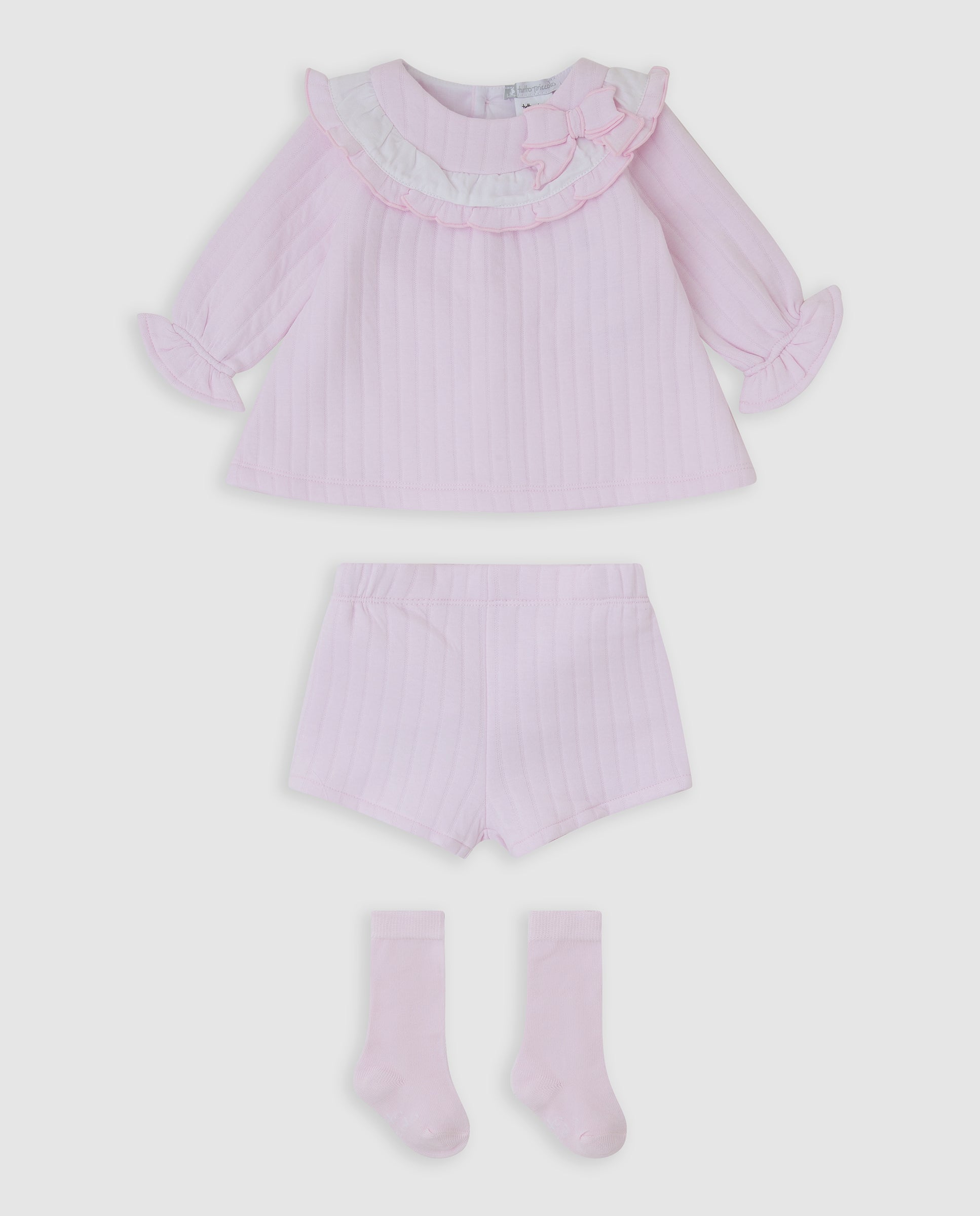 tutto piccolo girls pink ribbed ruffle dress jam pants socks 3 piece set front view